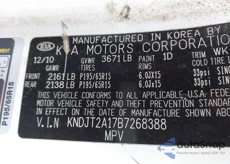 2011 Kia Soul z USA, uszkodzony, nr VIN KNDJT2A17B7268388